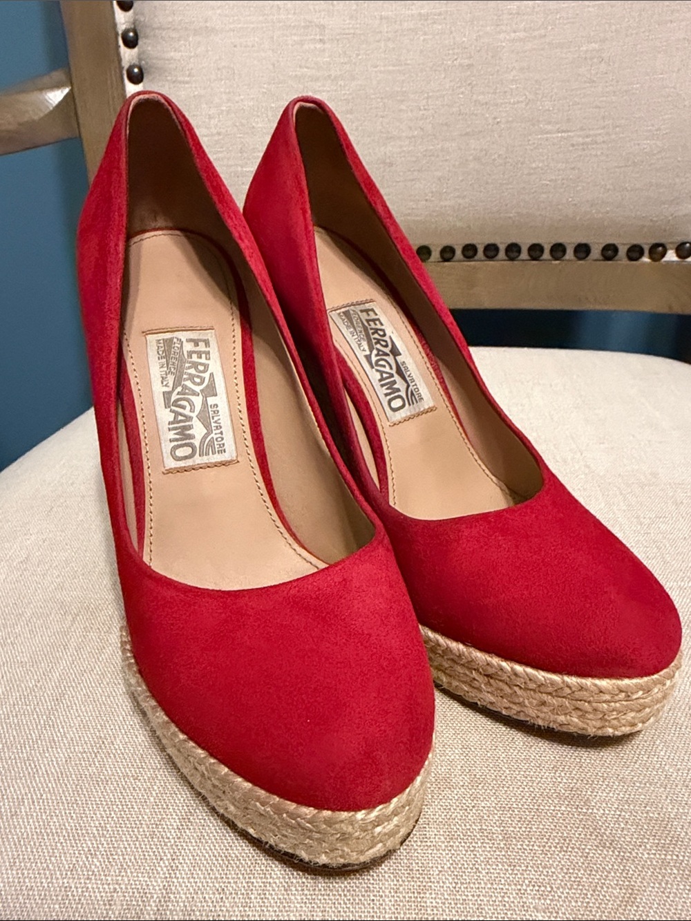 Salvatore Ferragamo Red Suede “Bernie” Espadrille Platform Wedges, Size 6C